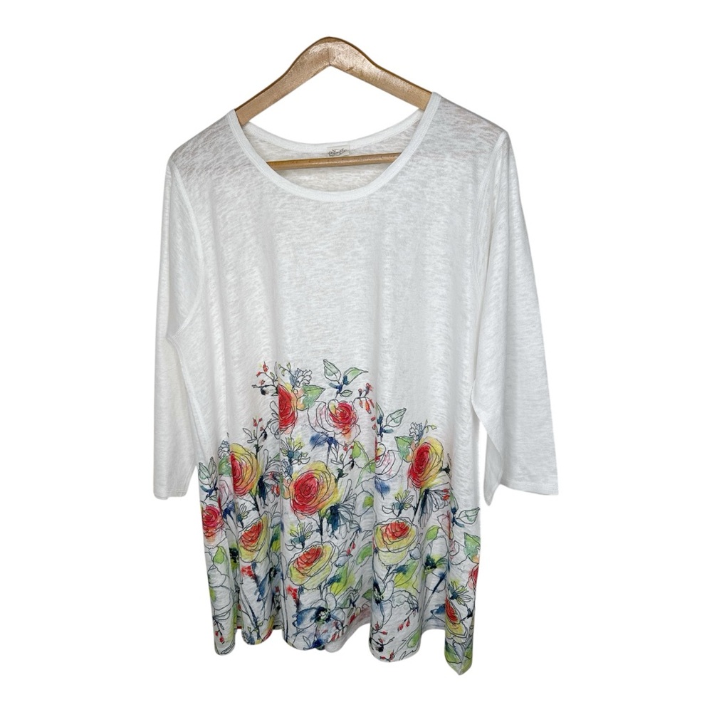 Et Lois Tunic Top Size 2X  Watercolor Floral Art To Wear White Multicolor
